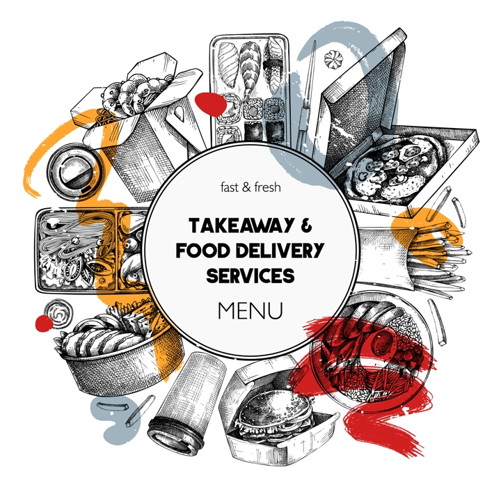 Collage style fast food wreath. Hand-drawn vector illustratio. Burger, pizza box, paper bag, coffee cup sketch. Takeaway food menu design. Restaurant delivery frame template. trendy background